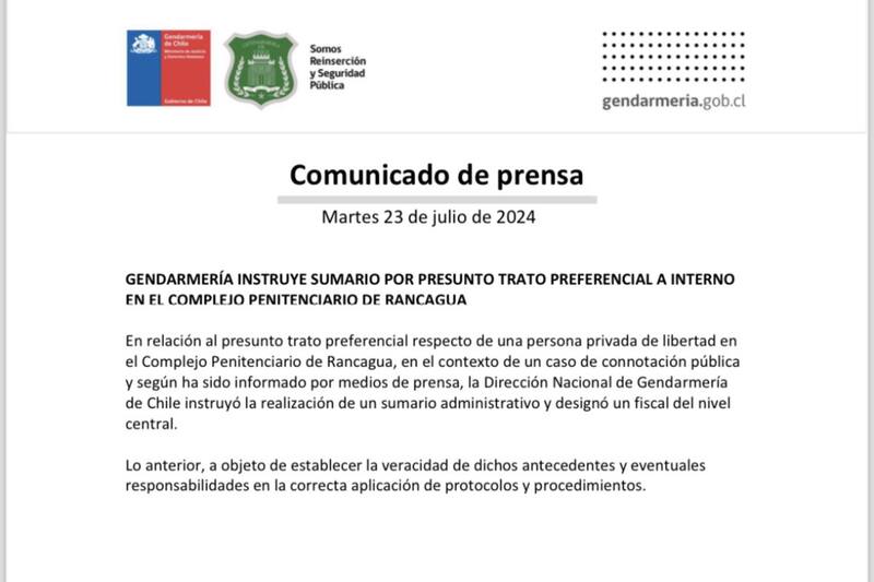 A través de este comunicado, la institución aseguró que indagará para determinar si hubo trato preferencial en el caso de Eduardo Macaya.