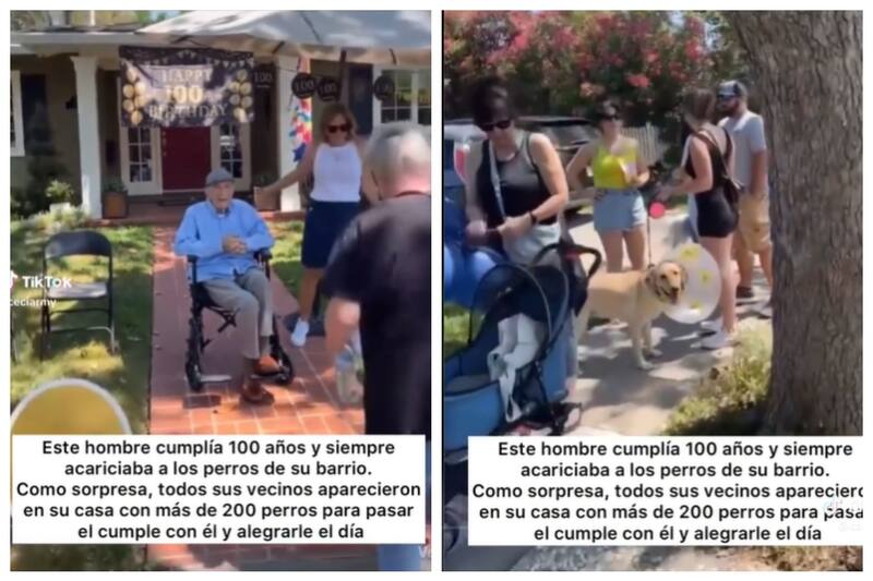 Este abuelito recibió la visita de más de 200 perritos en su cumpleaños número 100