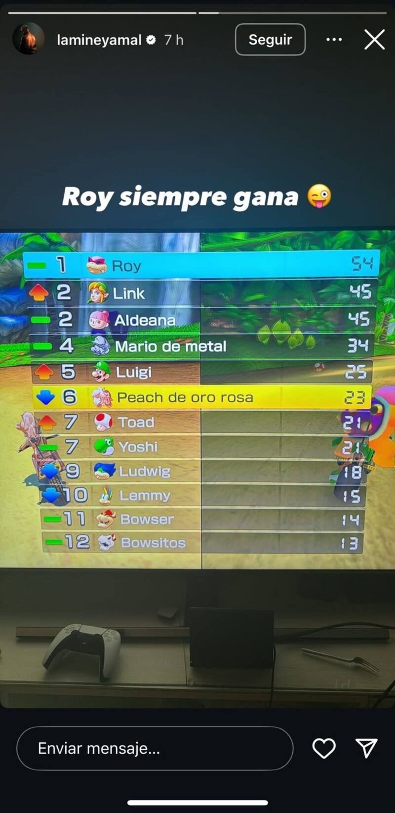 El futbolista jactándose de ganar la carrera.