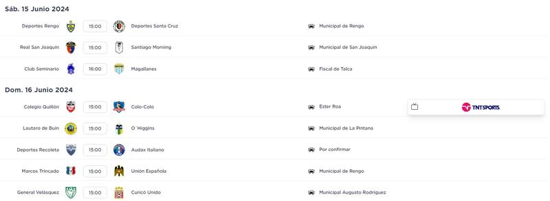 Copa Chile Programación Zona Centro Sur