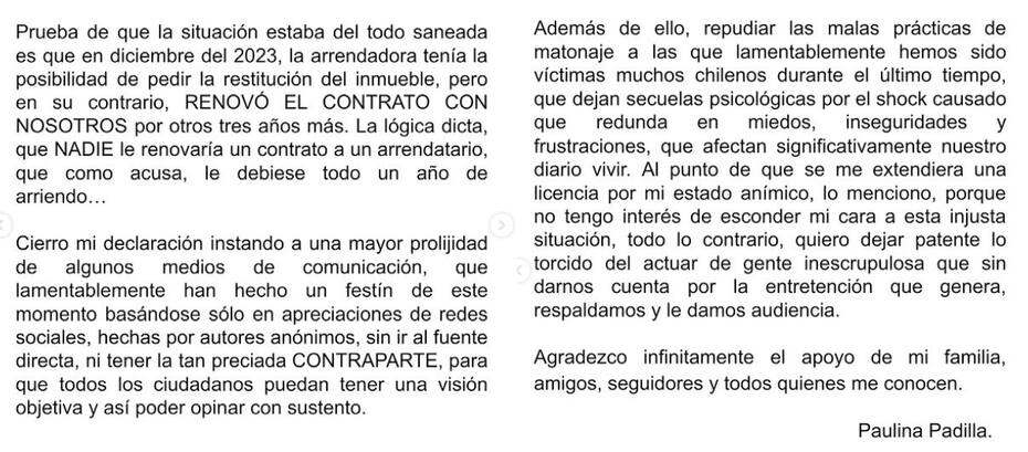 Declaración de Paulina Padilla. Créditos: Instagram