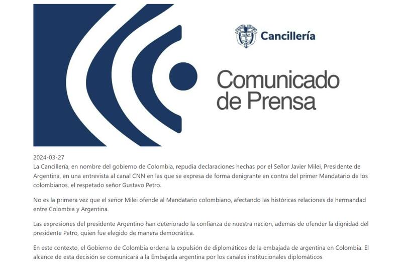 Comunicado del Ministerio de Relaciones Exteriores de Colombia.