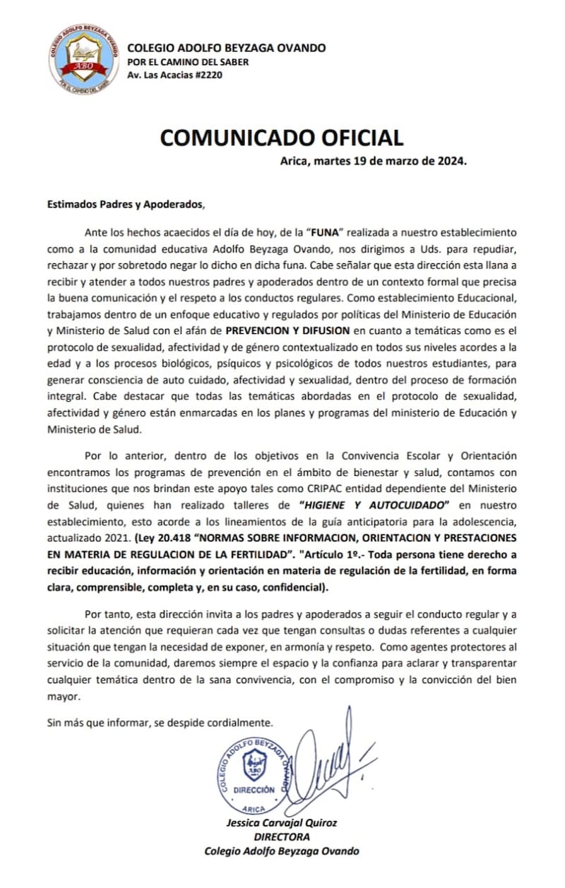 Este es el comunicado que publicó el Colegio Adolfo Beyzaga Ovando de Arica en su página oficial.