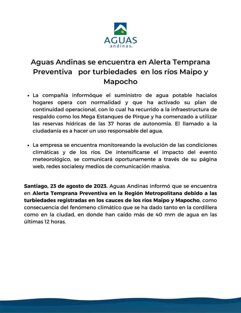Este es el comunicado de la empresa informando sobre la alerta temprana preventiva.