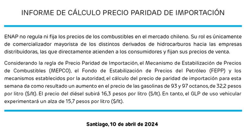 El principal aumento radica en la gasolina de 93 y 97 octanos. Créditos: ENAP.