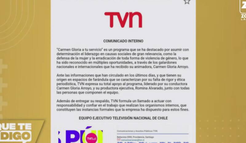 Comunicado de TVN sobre las acusaciones contra Carmen Gloria Arroyo.