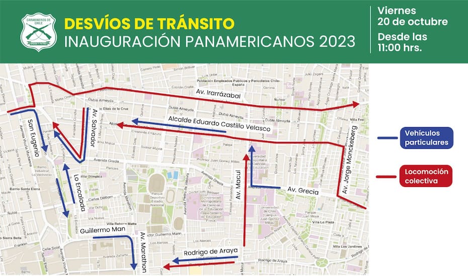 Estas son las calles donde habrá desvíos en Ñuñoa, a contar de las 11:00 horas. (Foto: Carabineros de Chile).