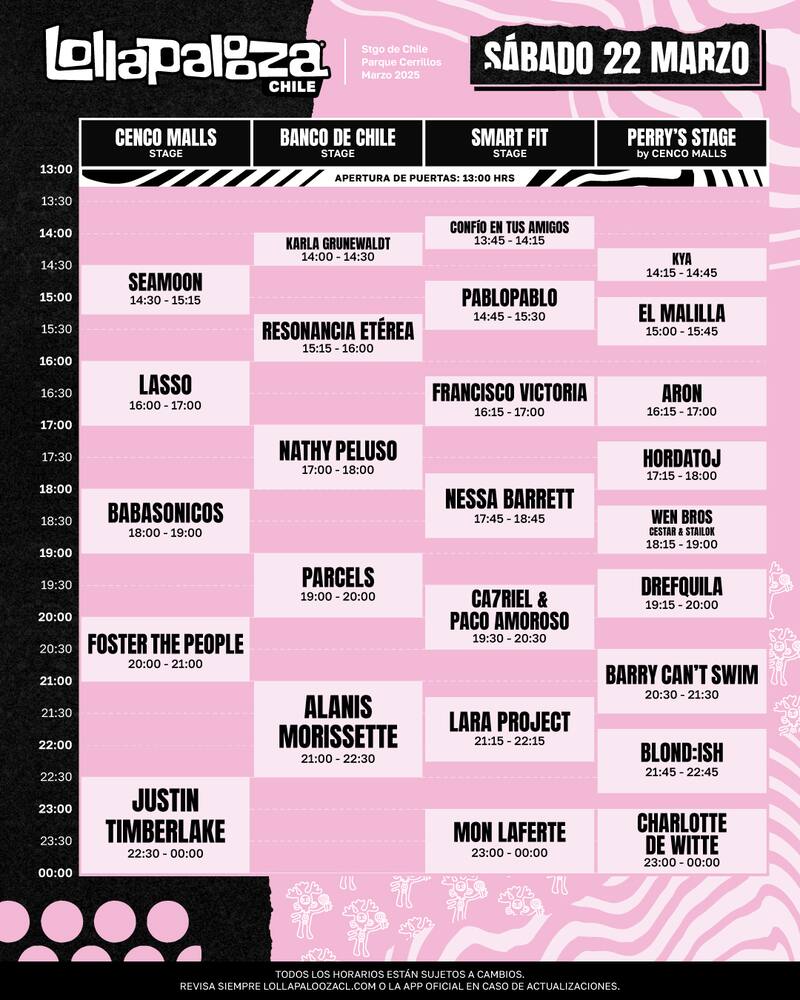 Horarios de las bandas del sábado 22 de marzo.