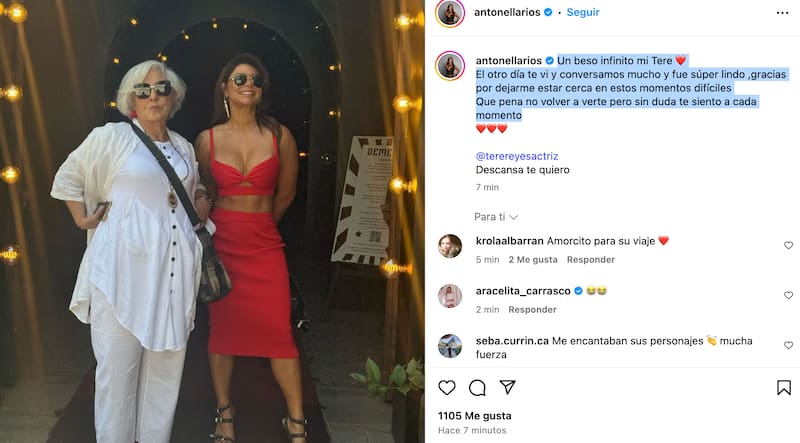 La actriz se despidió en Instagram tras la muerte de su colega y amiga, Teresita Reyes.