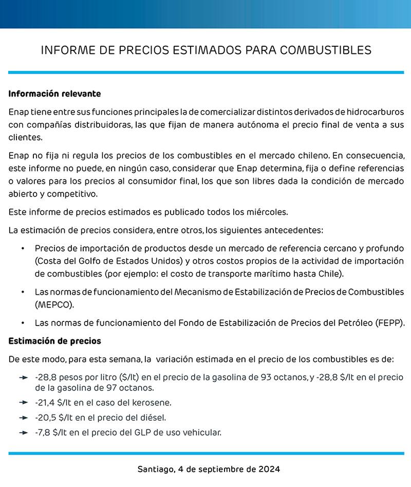 Anuncio hecho por la ENAP sobre la variación de precios en combustibles.