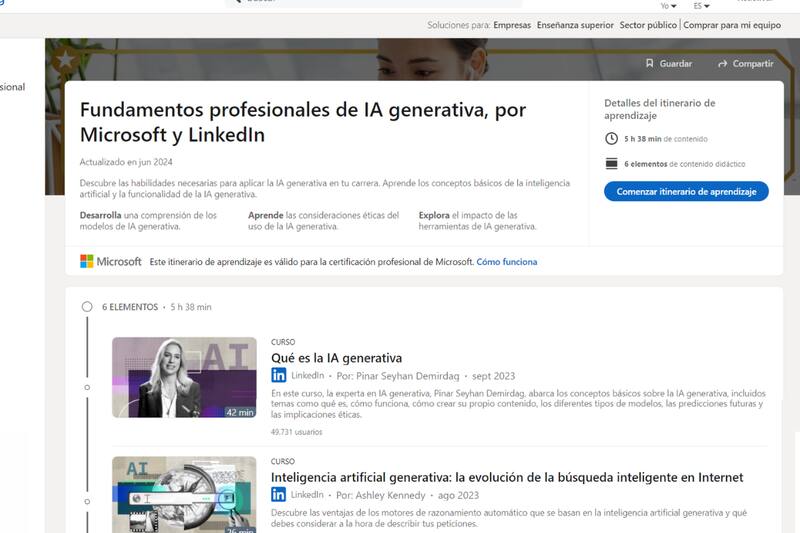 Así se ve el curso de Inteligencia Artificial una vez inscrito a este.