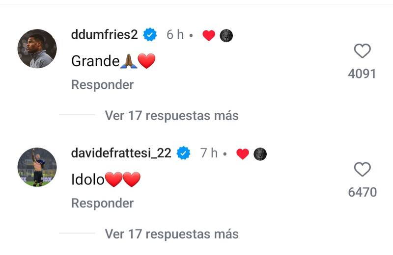 Sus ex compañeros en el Inter reaccionaron a su posteo de despedida.