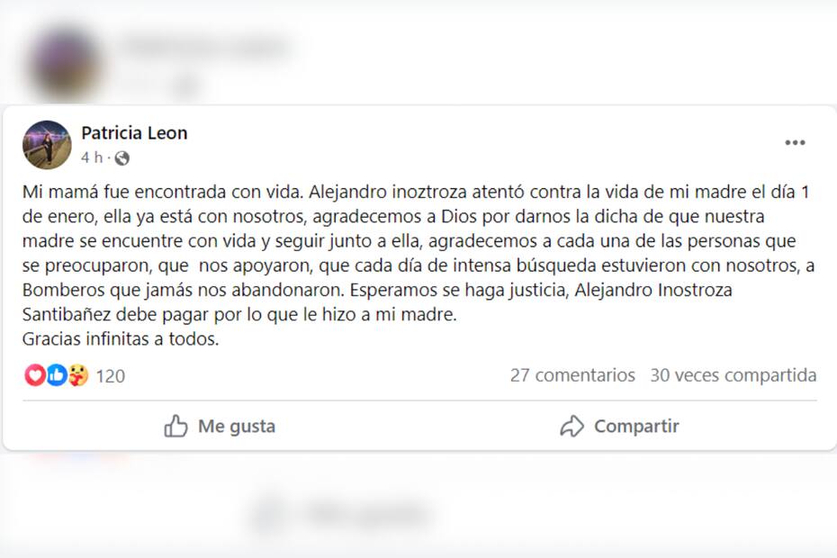 Luisa Cárdenas fue encontrada con vida y ya está con su familia. (Captura Facebook)