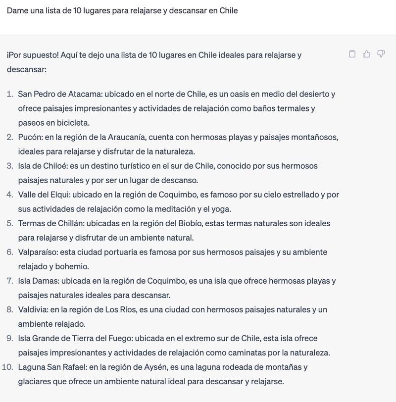 La inteligencia artificial de Open AI nos entregó éste rákning con los mejores lugares para relajarse y dscansar en Chile.