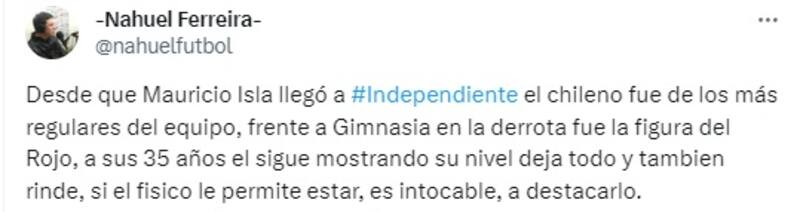 Mauricio Isla fue destacado por el periodista argentino Nahuel Ferreira
