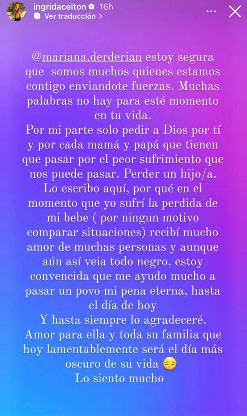 Ingrid Aceitón le envió sus condolencias a Mariana Derderián.