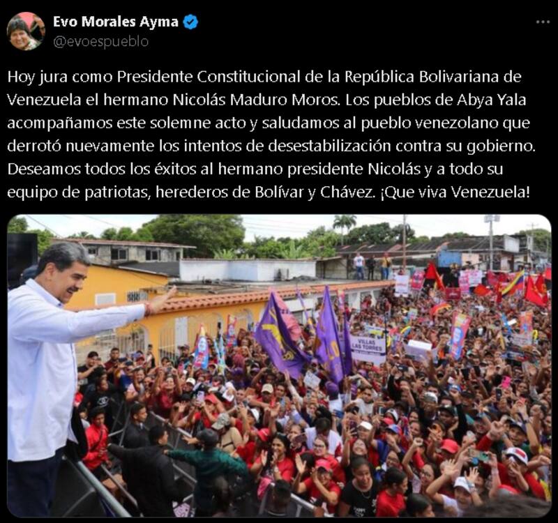 fue realizada en la red social X. Créditos: @evoespueblo.