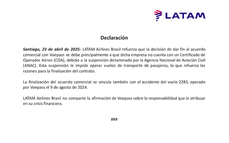 Latam se refirió a compleja situación con Voepass.
