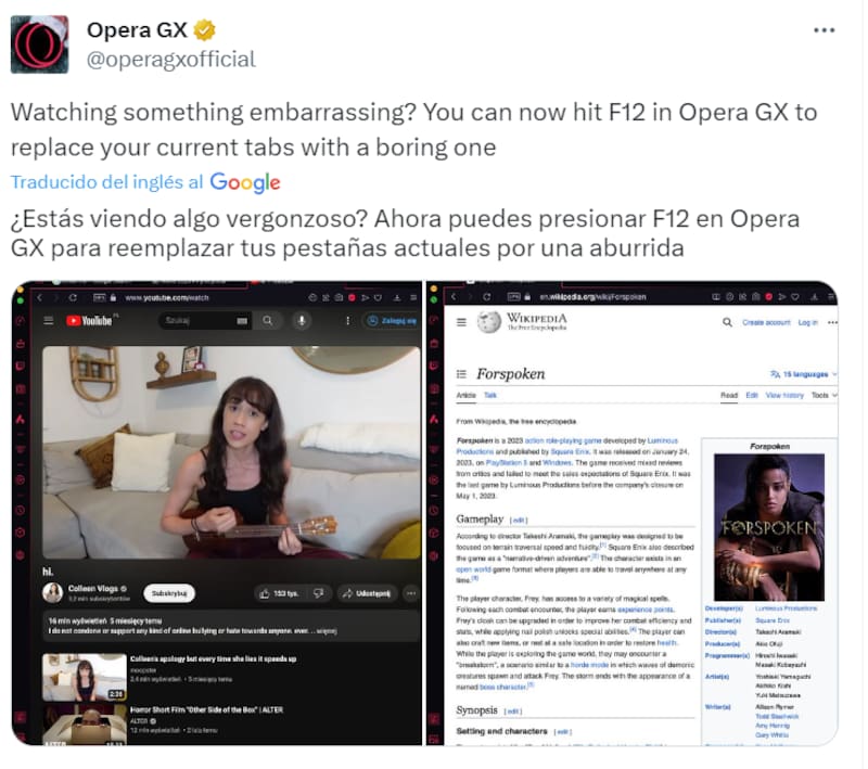 Opera GX explicando que con F12 uno podrá cambiar algo incorrecto por algo "aburrido".