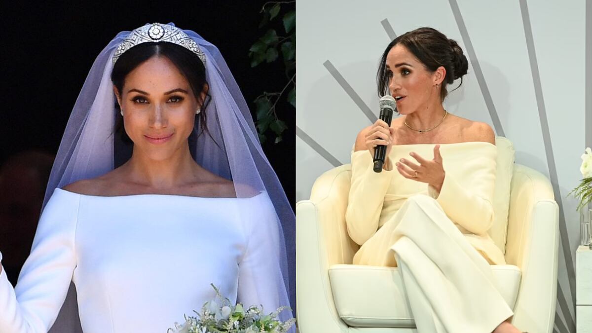 En un nuevo evento junto al príncipe Harry, Meghan Markle se lució con look inspirado en su vestido de novia con el hombro al descubierto.