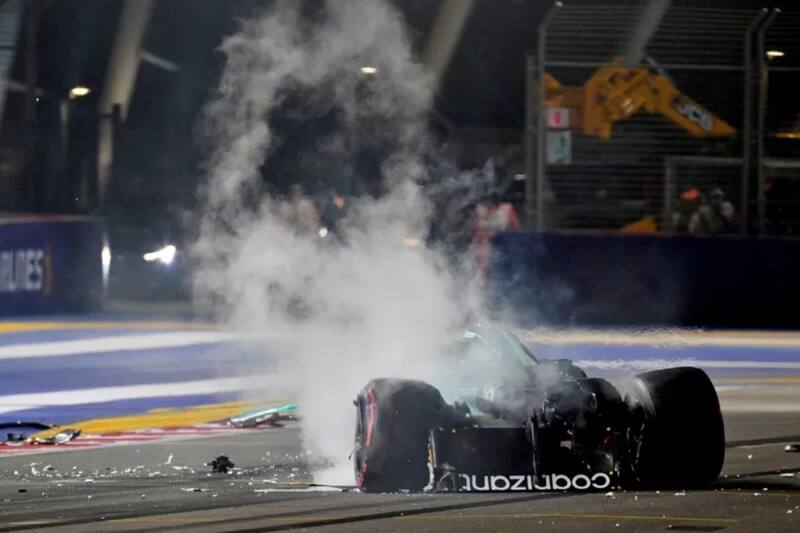 El monoplaza de Lance Stroll tras chocar en la Q1 del GP de Singapur