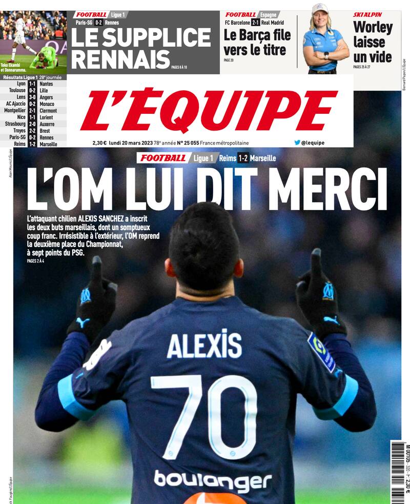 Alexis Sánchez es el dueño de la portada de este lunes en L'Equipe gracias a su espectacular actuación ante el Stade Reims, donde anotó dos goles.