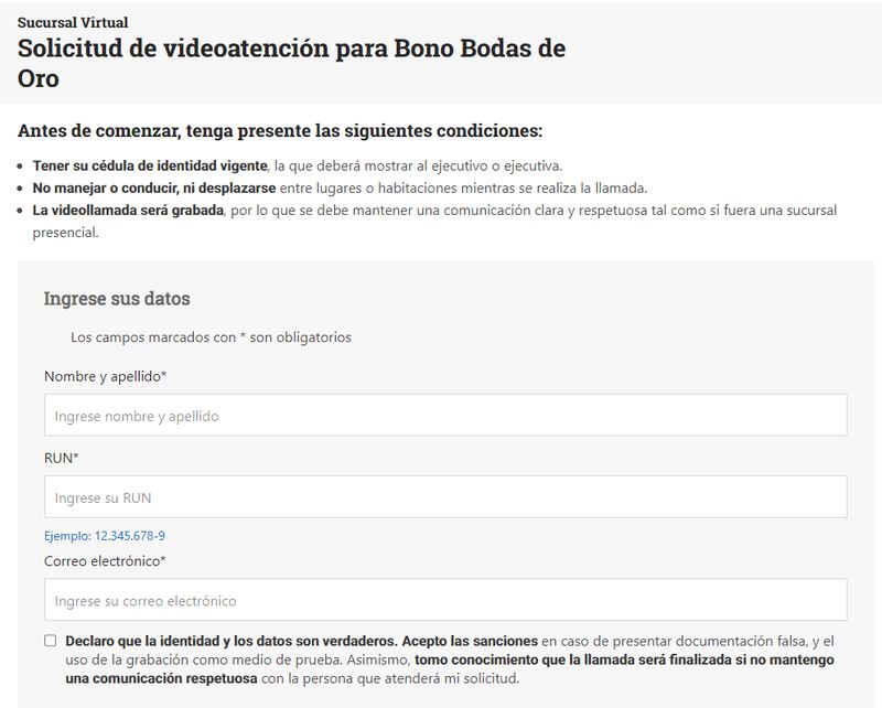 Pantallazo al sitio de Chile Atiende para solicitar el Bono Bodas de Oro.
