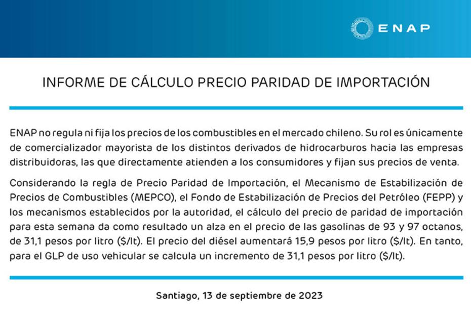 Este es el comunicado oficial entregado hoy por ENAP sobre el nuevo precio de los combustibles.