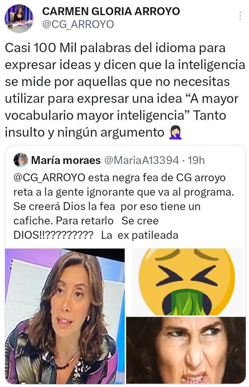 Carmen Gloria Arroyo reaccionó a un desagradable comentario. Créditos: X