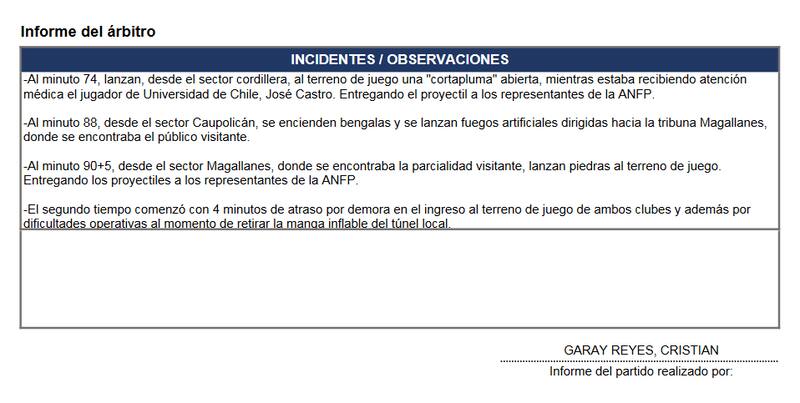 Este fue el informe del árbitro Cristian Garay por lo sucedido en el Superclásico 193 entre Colo Colo y Universidad de Chile.