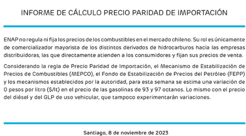 Esta es la variación que tendrá el precio de las bencinas a partir de este jueves 8 de noviembre.