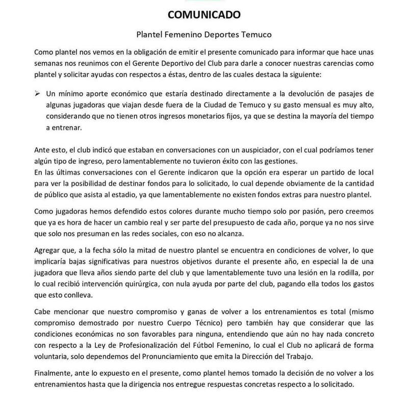 El comunicado público del plantel femenino de Deportes Temuco.