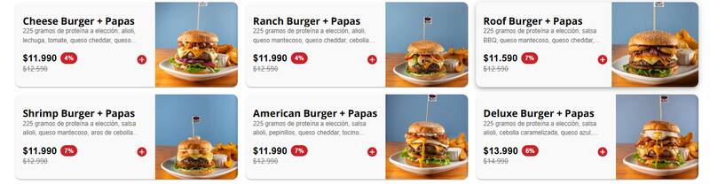 Este local de hamburguesas ofrece variedad en proteínas, además de acompañamientos. Foto: Sitio Roof Burger.