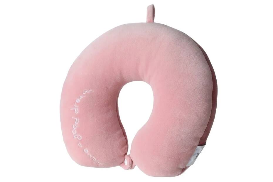 Cómoda almohada de viaje con un diseño elegante y tipografía bordada.