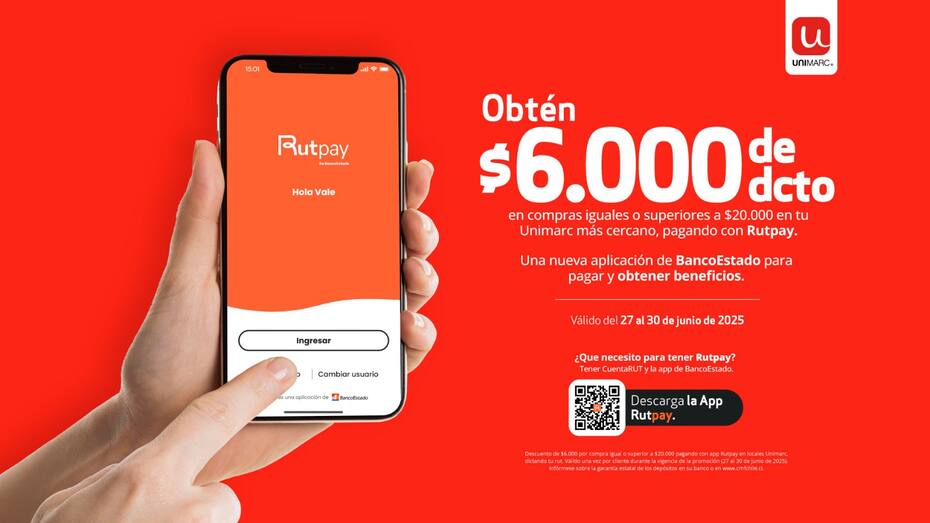 Pagando con Rutpay los clientes podrán obtener $6.000 de descuento en Unimarc.