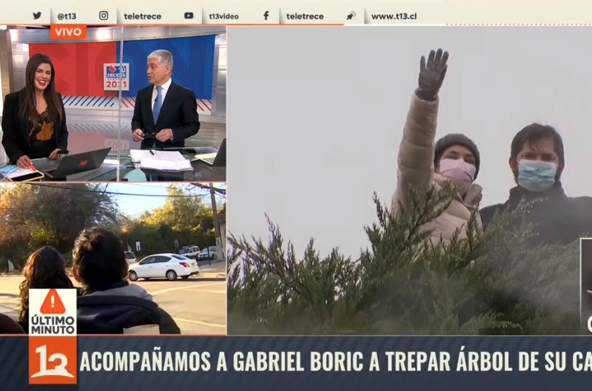 Periodista de Canal 13 y Gabriel Boric suben al icónico "árbol de la franja" en la cobertura de Elecciones Primarias 2021