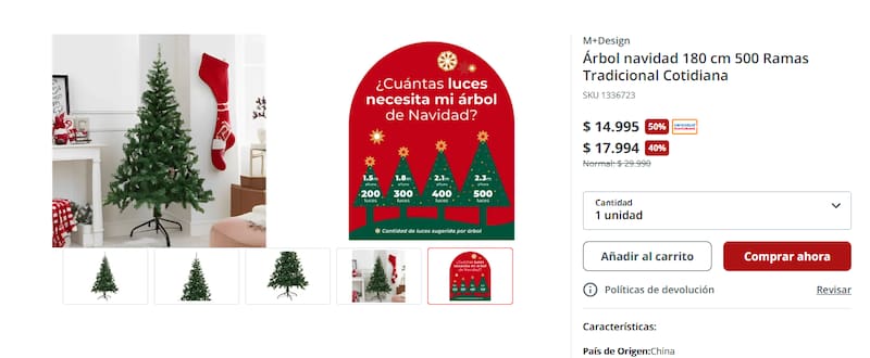 Este árbol de Navidad está con un imperdible descuento para todos quienes lo compren por internet. Foto: Sitio web de Easy.
