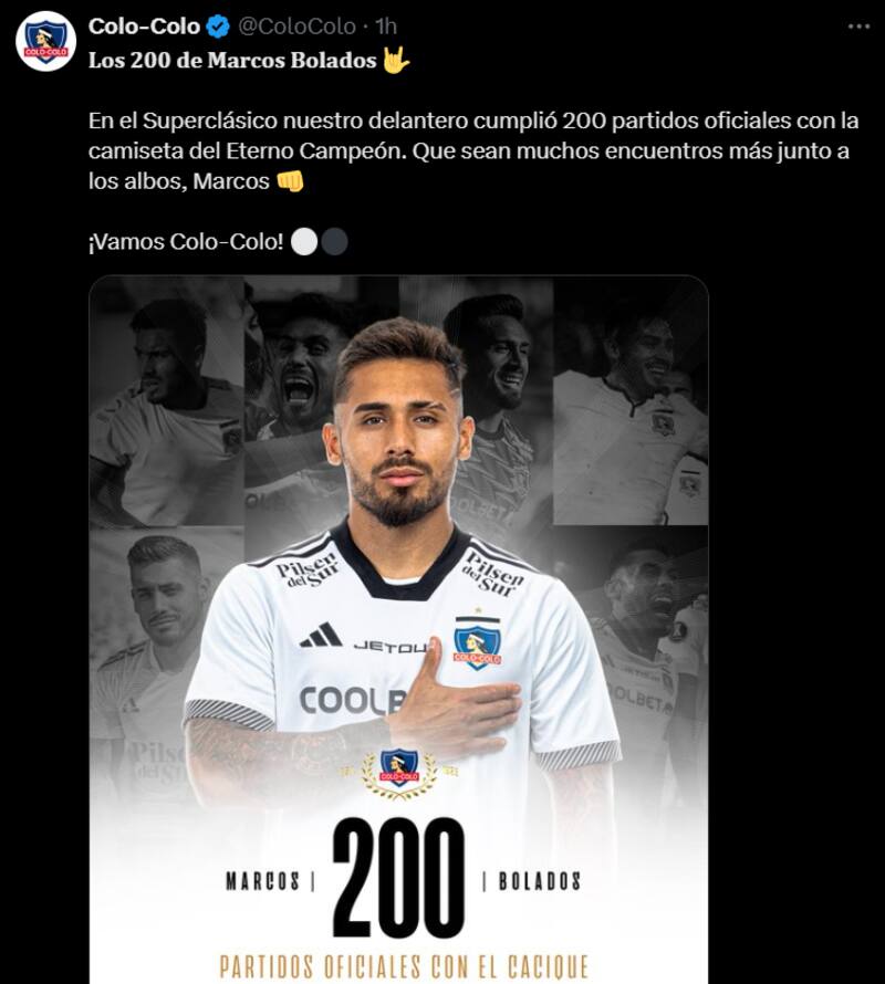 La publicación de Colo Colo por los 200 partidos de Marcos Bolados