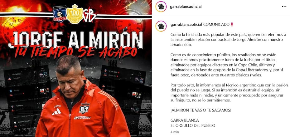 El DT fue amenazado por la Garra Blanca