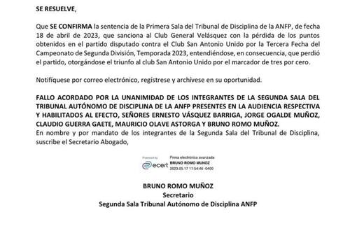 Fallo de la Primera Sala del Tribunal de la ANFP.