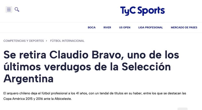 TyC de Argentina calificó a Claudio Bravo como un verdugo de Argentina.