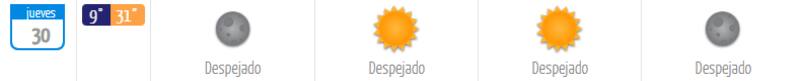 Para el jueves 30 de octubre se esperan 31 °C y cielos despejados: Créditos: DMC.