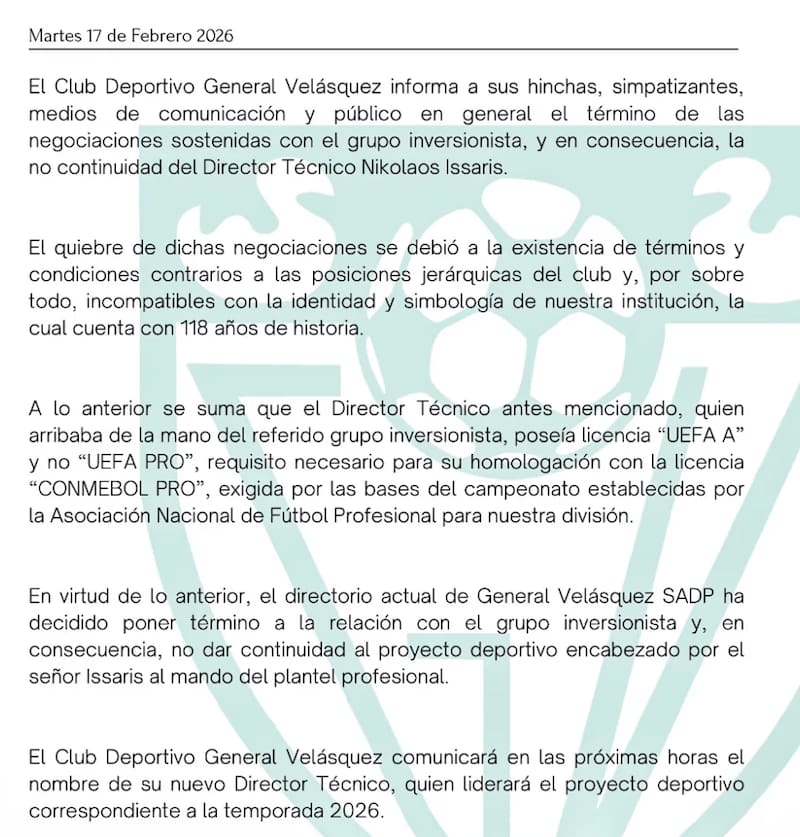 El club anunció la rápida salida del entrenador griego Nikolaos Issaris.