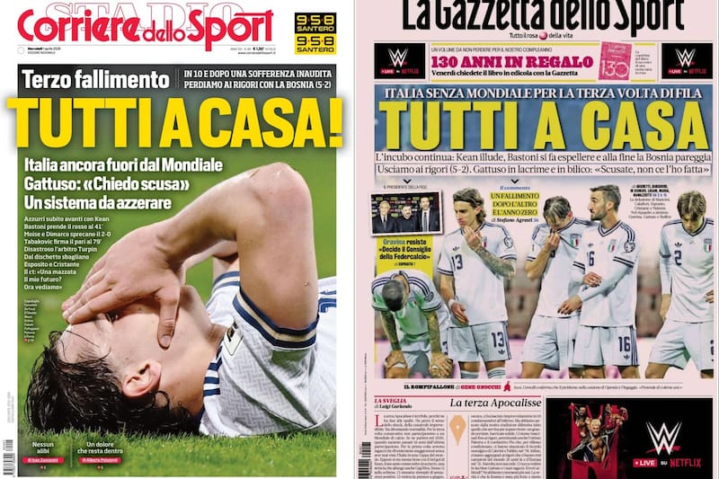 El Corriere dello Sport y La Gazzetta dello Sport fueron brutales con la Nazionale tras la caída en el reepchaje ante Bosnia.