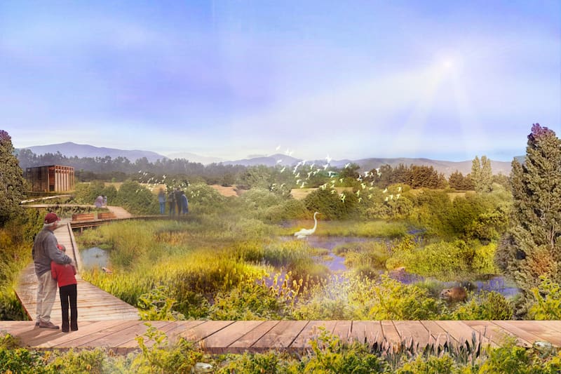 El plan incluye un puente verde sobre la ruta F30, pensado para conectar el área urbana con la costa y facilitar el paso de fauna nativa.