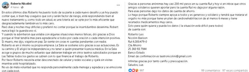 Luz, pareja de Roberto Nicolini, actualizó su estado de salud. Créditos: Facebook