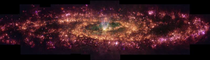 La luz rosa representa el gas excitado por la radiación de las estrellas recién nacidas.