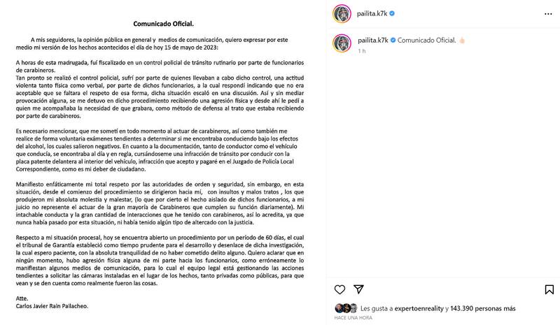 Pailita emitió un comunicado