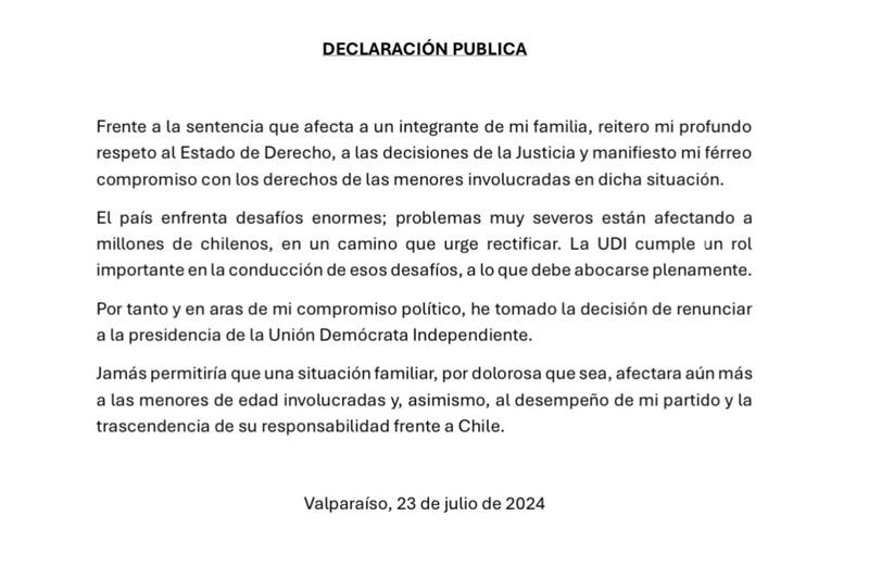 Mediante este escrito, el senador confirmó su salida de la presidencia de la UDI.