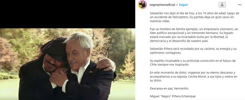 Dedicatoria de Miguel Piñera a Sebastián Piñera. Créditos: @negropineraoficial